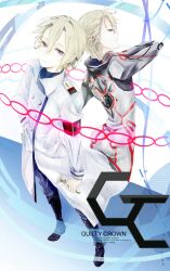  1boy back-to-back blonde_hair bodysuit coat commentary_request dahong daryl_yan dual_persona flower guilty_crown male_focus photoshop_(medium) purple_eyes 