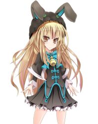  animal_ears black_dress blonde_hair blush brown_eyes bunny_ears dress duel_monster ebon_magician_curran female female hat korican lolita_fashion long_hair looking_at_viewer simple_background solo standing white_background yu-gi-oh! 