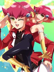  boots cosplay cutie_honey cutie_honey_(character)_(cosplay) cutie_honey_(cosplay) gloves jacket kouzuki_anna kozuki_anna_(yugioh_zexal) mugicha_(sukimachaya) multicolored_hair orange_hair parody red_hair short_hair skin_tight smile two-tone_hair yellow_eyes yu-gi-oh! yugioh_zexal yuu-gi-ou_gx yuu-gi-ou_zexal yuuki_juudai_(cosplay) 