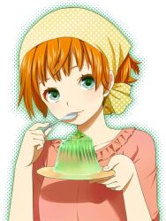  aqua_eyes bandana female frills gelatin mattaku_mousuke mouth_hold orange_hair original plate polka_dot simple_background solo spoon upper_body white_background 