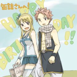  1boy :d blonde_hair commentary_request couple erinan fairy_tail female happy_birthday lucy_heartfilia natsu_dragneel open_mouth pink_hair scarf skirt smile straight translated 