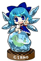  barefoot blue_eyes blue_hair bow character_name checkered chibi cirno commentary_request dress female frog frozen_frog hairbow highres ice md5_mismatch open_mouth partial_commentary ribbon short_hair smile socha solo touhou transparent_background wings 