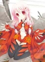  :o bad_id bad_pixiv_id blush cat&#039;s_cradle center_opening elbow_gloves female fingerless_gloves gloves guilty_crown hair_ornament hairclip izumiyuhina long_hair looking_at_viewer looking_up navel pink_hair red_hair sitting solo wariza yuzuriha_inori 