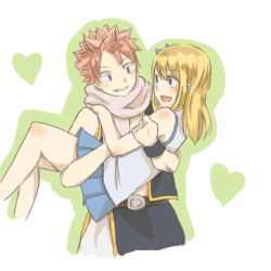  1boy :d bare_legs blonde_hair blush carrying commentary_request couple erinan fairy_tail female heart lucy_heartfilia natsu_dragneel open_mouth pink_hair princess_carry scarf skirt smile straight 