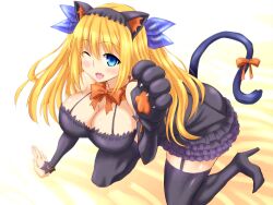  ;d aizawa_hikaru animal_ears animal_hands bare_shoulders bent_over blonde_hair blue_hair breasts cat_ears cat_tail cleavage commentary_request detached_sleeves female hair_ornament high_heels huge_breasts ishioto kneeling long_hair microsoft oerba_yun_fang one_eye_closed open_mouth shoes short_twintails silverlight skirt smile solo suspenders tail thighhighs twintails two_side_up 