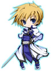  1boy belt blonde_hair blue_eyes boots coat commentary_request enon-chan full_body gloves guilty_gear ky_kiske male_focus solo sword tabard thunderseal weapon 