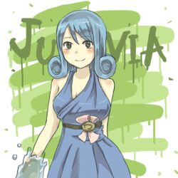  bare_shoulders blue_hair blush character_name commentary_request curly_hair dress erinan fairy_tail female green_background juvia_lockser smile solo water 