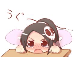  black_eyes black_hair blue_eyes blush chibi commentary_request elysia_de_lute_ima female hair_ornament kami_nomi_zo_shiru_sekai kousa_(black_tea) long_hair open_mouth ponytail shawl simple_background skull_hair_ornament smile solo tears uguu~ 