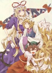  3girls animal_ears bad_id bad_pixiv_id blonde_hair bow breasts brown_hair cat_ears cat_tail chen cleavage closed_eyes colored_eyelashes earrings fox_tail gap_(touhou) gloves hands_in_opposite_sleeves hat highres hug jewelry kyouda_suzuka medium_breasts multiple_girls multiple_tails nail_polish one_eye_closed open_mouth purple_eyes tail touhou white_gloves yakumo_ran yakumo_yukari yellow_eyes 