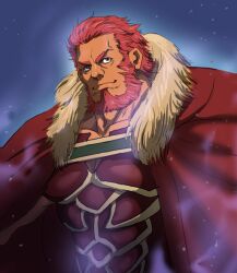  1boy armor beard cape commentary_request facial_hair fate/zero fate_(series) glowing iskandar_(fate) male_focus manly nika_(nikasa_an) photoshop_(medium) red_eyes red_hair solo 