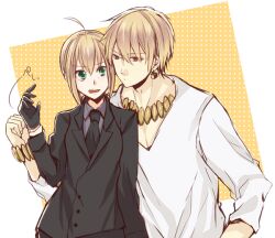  1boy ahoge artoria_pendragon_(fate) black_gloves blonde_hair bracelet casual commentary_request earrings fate/zero fate_(series) female formal gilgamesh_(fate) gloves green_eyes jewelry machi_(machiruda) necklace official_alternate_costume photoshop_(medium) red_eyes saber_(fate) short_hair suit 