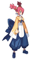  blue_eyes blue_pants clenched_hands disgaea female female_brawler_(disgaea) full_body hakama hakama_pants harada_takehito japanese_clothes makai_senki_disgaea_3 official_art pants red_hair shoes short_hair solo standing tachi-e twintails 