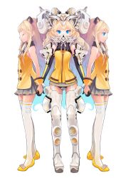  3girls animal_ears bad_id bad_pixiv_id blonde_hair blue_eyes cat_ears clone elbow_gloves eyelashes gloves headset highres holding_hands long_hair mask multiple_girls multiple_persona photoshop_(medium) seeu serenade_(sinohi) simple_background skirt smile speaker thighhighs very_long_hair vocaloid wavy_hair white_background white_legwear zettai_ryouiki 