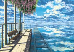  bench black_cat cloud commentary_request day feline flower ginga_tetsudou_no_yoru leaf light_rays no_humans outdoors plant railing railroad_tracks scenery setsuri_(tubaki) shade sky sunbeam sunlight surreal train_station vines wisteria 