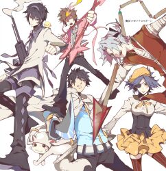  4boys akemi_homura akemi_homura_(cosplay) akemi_homura_(magical_girl) animal animal_on_shoulder arrow_(projectile) bad_id bad_pixiv_id beret bird bird_on_shoulder black_hair brown_hair cape chick chrome_dokuro cosplay eyepatch female gokudera_hayato gun hat hibari_kyouya hibird highres kaname_madoka kaname_madoka_(cosplay) kaname_madoka_(magical_girl) katekyo_hitman_reborn! kyubey_(cosplay) kyuubee mahou_shoujo_madoka_magica mahou_shoujo_madoka_magica_(anime) miki_sayaka miki_sayaka_(cosplay) miki_sayaka_(magical_girl) multiple_boys photoshop_(medium) reborn sakura_kyoko sakura_kyoko_(cosplay) sakura_kyoko_(magical_girl) sawada_tsunayoshi silver_hair tomoe_mami tomoe_mami_(cosplay) tomoe_mami_(magical_girl) wavesheep weapon white_cape yamamoto_takeshi 