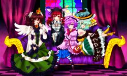  4girls alternate_costume alternate_hairstyle animal_ears bad_id bad_pixiv_id brown_hair cat_ears chireiden commentary_request drill_hair frills gothic_lolita green_eyes green_hair hat highres kaenbyou_rin komeiji_koishi komeiji_satori lolita_fashion multiple_girls photoshop_(medium) ponytail purple_eyes purple_hair red_eyes red_hair reiuji_utsuho shoes single_shoe touhou untue wavy_hair 