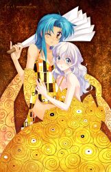  2girls alternate_hairstyle aqua_hair brown_eyes chidori_kaname commentary_request fine_art_parody full_metal_panic grey_eyes gustav_klimt_(style) hand_fan harisen highres multiple_girls parody pinky_out style_parody teletha_testarossa white_hair zetallis 