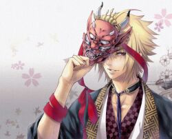  1boy blonde_hair chikage_kazama choker commentary elmmoo hakuouki_shinsengumi_kitan male_focus mask md5_mismatch photoshop_(medium) red_eyes resolution_mismatch ribbon sayagata solo source_smaller 