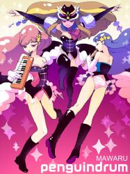  3girls animal_hat bare_shoulders black_thighhighs blue_hair boots brown_eyes brown_hair commentary_request copyright_name double-h_(mawaru_penguindrum) elbow_gloves gloves hair_ornament hat instrument isora_hibari keyboard_(instrument) long_hair mawaru_penguindrum melodica miyamoto_(krmc) multiple_girls pink_hair princess_of_the_crystal purple_eyes star_(symbol) takakura_himari thigh_boots thighhighs utada_hikari very_long_hair 