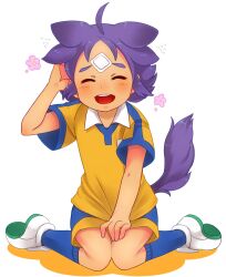  1boy ahoge animal_ears bandages blush closed_eyes commentary_request dog_boy dog_ears dog_tail flower full_body inazuma_eleven_(series) inazuma_eleven_go kageyama_hikaru male_focus merue open_mouth photoshop_(medium) purple_hair raimon raimon_soccer_uniform simple_background sitting smile soccer_uniform solo sportswear tail white_background 