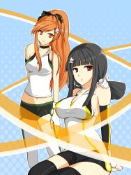  2girls bare_shoulders beatmania beatmania_iidx bike_shorts black_hair highres hinazuki_ririna iroha_(beatmania_iidx) lilith_(beatmania_iidx) multiple_girls orange_hair shirt smile thighhighs umegiri_iroha white_shirt 