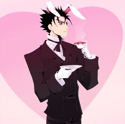  1boy animal_ears bad_id bad_pixiv_id black_hair cup heart kurogane_(tsubasa_chronicle) male_focus pink_background rabbit_ears saucer tea teacup tsubasa_chronicle van_(blaze) 