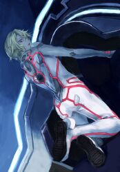  1boy ass bad_id bad_pixiv_id blonde_hair bodysuit chiitaki daryl_yan guilty_crown male_focus neon_trim purple_eyes solo 