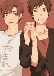  2boys ahoge annoyed axis_powers_hetalia bad_id bad_pixiv_id blush brown_hair clenched_teeth cover cover_page doujin_cover fingernails frown green_eyes hair_intakes happy holding_hands interlocked_fingers jewelry male_focus multiple_boys necklace open_mouth personality_switch photoshop_(medium) polka_dot shirt southern_italy_(hetalia) spain_(hetalia) sweat sweater t-shirt teeth zukki_(suzukio) 