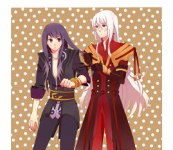  2boys albino bad_id bad_pixiv_id bishounen black_eyes black_hair bracelet brown_background coat duke_pantarei gloves ikeyaso jewelry long_hair male_focus multiple_boys pants polka_dot polka_dot_background red_eyes tales_of_(series) tales_of_vesperia white_hair yuri_lowell 