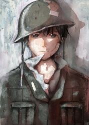  1boy bad_id bad_pixiv_id black_eyes black_hair breast_pocket brown_eyes brown_hair chin_strap closed_mouth helmet highres looking_at_viewer male_focus military military_uniform original pocket popped_collar shigatsuya smile solo stitches tape unbuckled uniform upper_body 