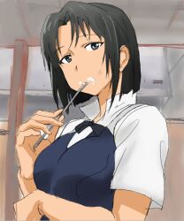  black_hair blue_eyes bow commentary_request eating female food food_on_face looking_at_viewer official_style photoshop_(medium) shirafuji_kyouko short_hair short_sleeves solo spoon tamura_satomi upper_body working!! 