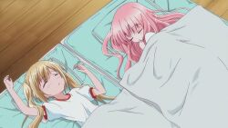  2girls blonde_hair cap closed_eyes futon hakamada_hinata hat highres lolicon long_hair misawa_maho multiple_girls pink_hair ro-kyu-bu! rou-kyuu-bu! sleeping twintails 