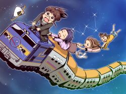  4girls akizuki_ritsuko brown_eyes brown_hair cassiopeia_(constellation) chiaki_rakutarou closed_eyes commentary_request constellation food futami_ami glasses hanging_on holding_another&#039;s_leg human_chain idolmaster idolmaster_(classic) idolmaster_2 minase_iori miura_azusa multiple_girls night night_sky on_vehicle onigiri open_mouth purple_hair ryuuguu_komachi_(idolmaster) short_hair side_ponytail sky smile space star_(sky) starry_sky stuffed_animal stuffed_rabbit stuffed_toy train usa-chan_(idolmaster) 