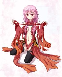  bare_shoulders breasts cat&#039;s_cradle center_opening cleavage commentary_request detached_sleeves elbow_gloves female fingerless_gloves gloves guilty_crown highres leotard long_hair medium_breasts navel photoshop_(medium) pink_hair rayhwang red_eyes red_leotard sitting solo thighhighs twintails yuzuriha_inori 