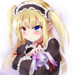  angry anti_(untea9) blonde_hair blue_eyes blush boku_wa_tomodachi_ga_sukunai clenched_teeth commentary_request dress female gothic_lolita hairband hasegawa_kobato head_grab heterochromia lolita_fashion lolita_hairband long_hair red_eyes scowl solo stuffed_animal stuffed_rabbit stuffed_toy tears teeth trembling two_side_up 