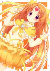  bow brooch brown_hair bubble_skirt choker commentary_request cure_muse_(yellow) dress dutch_angle female frilled_skirt frilled_sleeves frills hair_ornament halftone halftone_background heart highres jewelry long_hair magical_girl orange_background orange_hair orange_skirt orange_theme precure purple_eyes ribbon shirabe_ako skirt solo suite_precure tatapopo tiara yellow_bow yellow_choker yellow_ribbon yellow_theme 