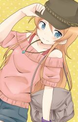  bag blue_eyes blush collarbone commentary_request dutch_angle female hand_on_headwear handbag hat hat_tip highres jewelry kousaka_kirino long_hair necklace orange_hair ore_no_imouto_ga_konna_ni_kawaii_wake_ga_nai polka_dot short_shorts shorts simple_background smile solo sudachi_(calendar) sweater tank_top 