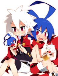  :o albino antenna_hair bad_id bad_pixiv_id banned_artist blue_hair cape character_doll disgaea glasses laharl makai_senki_disgaea_3 male_focus mao_(disgaea) multiple_boys mushimaro oerba_yun_fang open_mouth pointy_ears red_eyes red_shorts scarf shirtless shorts white_background white_hair 