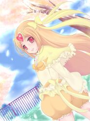  bad_id bad_pixiv_id blonde_hair bow cure_muse_(yellow) female fence hairbow heart katori_(mocchidou) long_hair precure red_eyes shirabe_ako smile solo suite_precure tree 