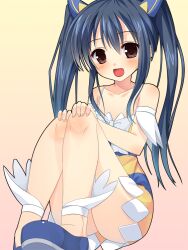  :d asa_no_ha_(awayuki) bare_legs bare_shoulders blue_hair blush brown_hair commentary_request fairy_tail female hair_ornament long_hair looking_at_viewer open_mouth photoshop_(medium) smile solo twintails wendy_marvell 