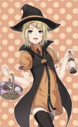  aqua_eyes bad_id bad_pixiv_id basket blonde_hair candy female food hair_ornament hairclip halloween hat heisei_yutorin kagamine_rin lamp short_hair smile solo thighhighs vocaloid witch_hat zettai_ryouiki 