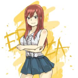  character_name commentary_request crossed_arms dark_red_hair erinan erza_scarlet fairy_tail female long_hair pleated_skirt red_hair skirt solo yellow_background 