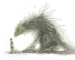  1boy character_request commentary_request creature feathers griffin lolicon masato_(oal) photoshop_(medium) simple_background the_boy_(the_last_guardian) the_last_guardian trico_(character) white_background 