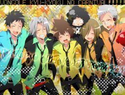  6+boys basil_(katekyo_hitman_reborn!) black_hair brown_hair closed_eyes commentary_request danemaru gokudera_hayato grey_hair headset katekyo_hitman_reborn! lambo male_focus multiple_boys necktie open_mouth sasagawa_ryohei sawada_tsunayoshi smile yamamoto_takeshi 