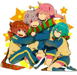  4boys akishima_kei bad_id bad_pixiv_id blue_eyes brown_eyes brown_hair green_hair hug inazuma_eleven_(series) inazuma_eleven_go kariya_masaki kirino_ranmaru long_hair male_focus matsukaze_tenma multiple_boys open_mouth scarf shindou_takuto twintails 