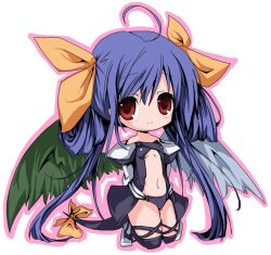  asymmetrical_wings black_thighhighs blue_hair chibi commentary_request dizzy_(guilty_gear) enon-chan female full_body guilty_gear hair_ribbon kneeling long_hair red_eyes ribbon smile solo tail tail_ornament thighhighs twintails wings 