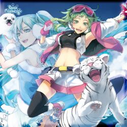  2girls aqua_eyes aqua_hair armpits bad_id bad_pixiv_id belt belt_pouch black_legwear blue_eyes blue_hair boots crop_top earmuffs fur_trim gloves goggles goggles_on_head green_eyes green_hair grey_hair gumi hatsune_miku headset jacket long_hair midriff multiple_girls navel open_clothes open_jacket open_mouth photoshop_(medium) pouch rahwia ringlets seal_(animal) skirt sleeves_pushed_up thighhighs tiger twintails vocaloid white_tiger 