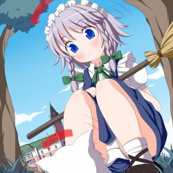  arrow_(symbol) blue_eyes blush braid broom canine commentary_request female grey_hair head_tilt highres izayoi_sakuya looking_down maid maid_headdress nikku_(ra) panties pantyshot solo squatting sweatdrop touhou twin_braids underwear white_panties wide-eyed 