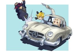  1boy 2girls :&gt; ahoge aona_(anagasaki) artoria_pendragon_(fate) bad_id bad_pixiv_id blonde_hair car chibi crash fate/zero fate_(series) formal gilles_de_rais_(caster)_(fate) irisviel_von_einzbern left-hand_drive long_hair mercedes-benz mercedes-benz_300sl motor_vehicle multiple_girls pant_suit pants parody photoshop_(medium) saber_(fate) sports_car suit vehicle_focus white_hair 