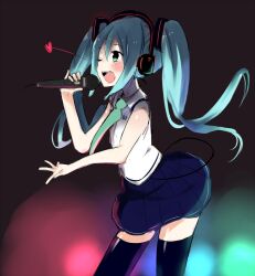  aqua_eyes aqua_hair bad_id bad_pixiv_id bare_shoulders black_thighhighs blush female hatsune_miku headphones heart highres long_hair music necktie one_eye_closed open_mouth pleated_skirt pokachu scribble singing skirt solo thighhighs twintails vocaloid zettai_ryouiki 